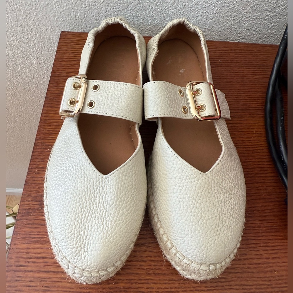 Jutelia Cream Espadrille Mary Jane Flats with Gold Buckles